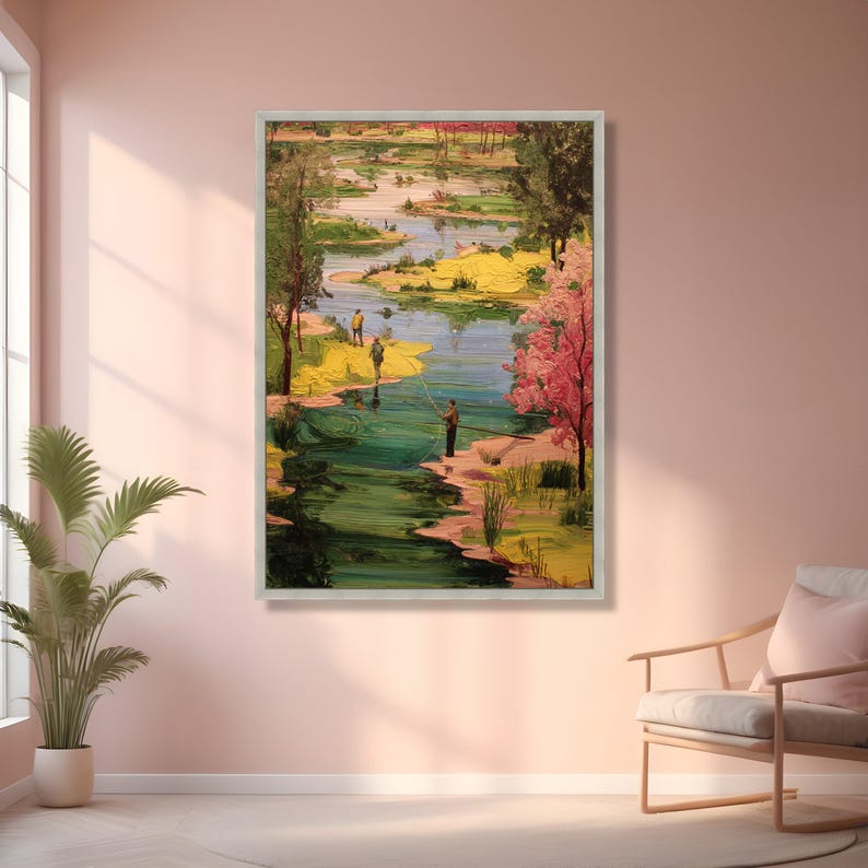 Tranquil Riverside Fishing Scene Canvas, Nature Landscape Wall Art, Hand-Painted Style River View, Outdoor Relaxation Decor, Canvas Wall Art image 4