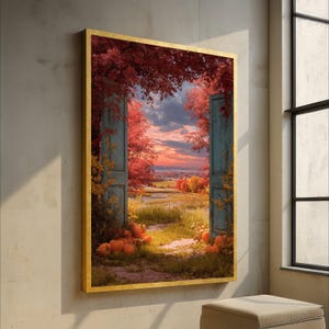 Può includere: Un'opera d'arte incorniciata raffigura una porta aperta con ante blu, che rivela un paesaggio autunnale. Il fogliame rosso e arancione incornicia la vista, con zucche alla base. L'opera è racchiusa in una cornice dorata.