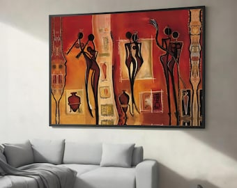Lienzo abstracto tribal africano para pared: pintura cultural en tonos cálidos, enmarcada y lista para colgar, decoración étnica para el hogar
