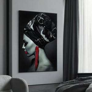 Striking Afrocentric Woman Canvas - Black & White Portrait with Red Accents, Bold Modern Wall Art, Framed and Ready to Hang