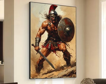 Fierce Spartan Warrior Canvas, Ancient Greek Soldier Wall Art, Battle Scene Canvas, Historic Armor Decoration, Ready to Hang Canvas Art