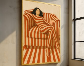 May include: A framed artwork featuring a person reclining in a striped chair. The person and chair share a matching red and cream stripe pattern. The artwork is in a gold frame and hangs on a neutral wall.