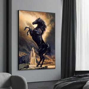 Black Horse Canvas Art - Majestic Rearing Stallion Painting - Powerful Horse Wall Decor for Living Room or Office - Perfect Gift Idea