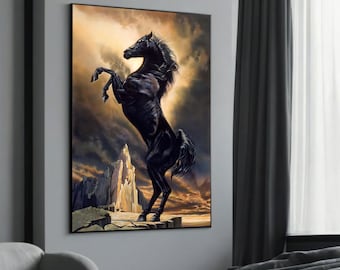 Black Horse Canvas Art - Majestic Rearing Stallion Painting - Powerful Horse Wall Decor for Living Room or Office - Perfect Gift Idea