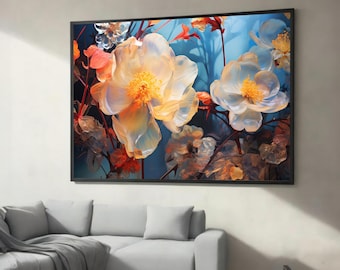 Lebendiges Gelb-Orange-Blumengemälde mit blauem Hintergrund - Beeindruckende, von der Natur inspirierte Wandkunst, perfektes Geschenk zur Dekoration oder zur Dekoration
