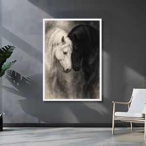 Tela de retrato de cavalos pretos e brancos, arte de parede equina, pintura romântica de animais, close-up de cabeças de cavalo, decoração elegante para casa imagem 5