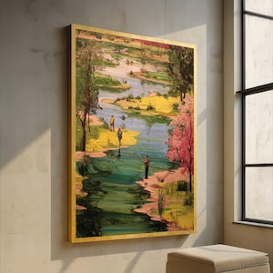 Tranquil Riverside Fishing Scene Canvas, Nature Landscape Wall Art, Hand-Painted Style River View, Outdoor Relaxation Decor, Canvas Wall Art image 1