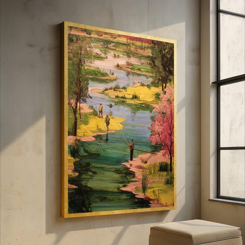 Tranquil Riverside Fishing Scene Canvas, Nature Landscape Wall Art, Hand-Painted Style River View, Outdoor Relaxation Decor, Canvas Wall Art image 1