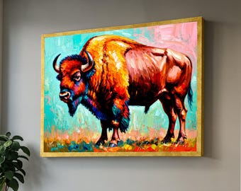 Levendige bizon canvas muurkunst, kleurrijk portret buffel, dieren in het wild schilderij, modern interieur, canvas kunstafdruk