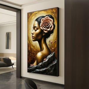 Elegant Woman Profile with Rose, Golden Portrait Canvas, Floral Headpiece Art, Wall Art, Contemporary Female Canvas Decoration