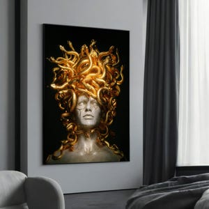 Medusa Canvas Wall Art - Mythology Inspired Gold Snake Decor for Modern and Dark Interiors
