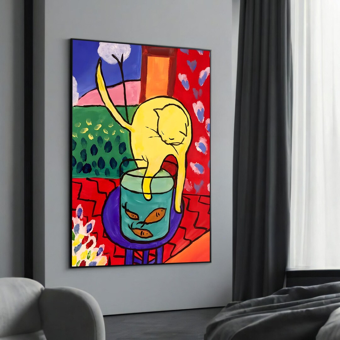 アンリ・マティスの「金魚と猫」キャンバス絵画 – 遊び心と色彩に