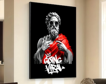 Modern Roman Statue Canvas Wall Art, Red Draped Figure with Sunglasses, Urban Street Art Style, Going Viral Graffiti Design, Contemporary