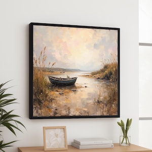 Tranquil Riverboat Scene, Rustic Rowboat Canvas, Nature Landscape Wall Art, Serene Waterside Painting, Calm Coastal Decor