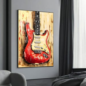 Czerwona gitara elektryczna na płótnie, abstrakcyjny wystrój muzyki rockowej, obraz na gitarze vintage, prezent dla muzyka, nowoczesna sztuka ścienna