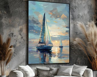 Sailing Boat Sunset Canvas Wall Art – Nautical Ocean Painting with Pastel Colors – Coastal Living Room Decor – Ready to Hang Canvas