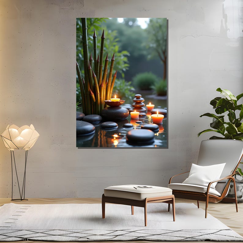 Zen Stones and Candlelight Canvas Wall Art With Bamboo and Water Calm ...