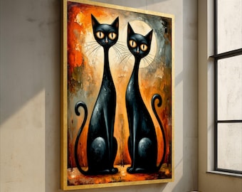 Tela con gatti neri stravaganti, arte felina astratta, ritratto di gatto al chiaro di luna, arte murale moderna con animali, decorazione unica per la casa