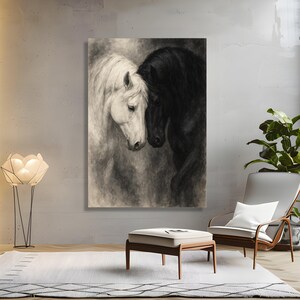Tela de retrato de cavalos pretos e brancos, arte de parede equina, pintura romântica de animais, close-up de cabeças de cavalo, decoração elegante para casa imagem 6