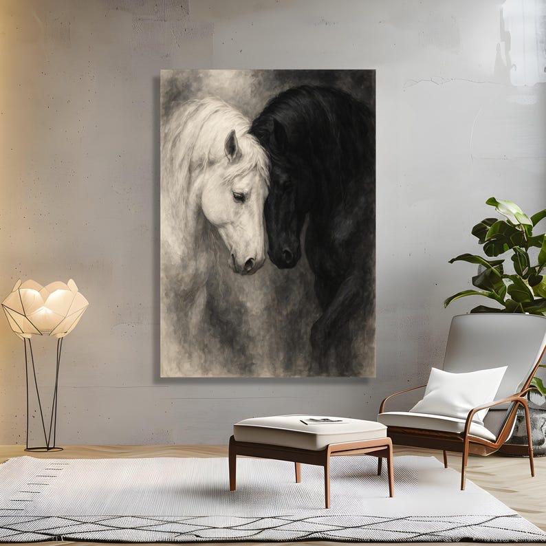 Tela de retrato de cavalos pretos e brancos, arte de parede equina, pintura romântica de animais, close-up de cabeças de cavalo, decoração elegante para casa imagem 6