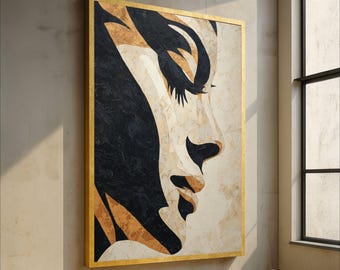 Abstract Woman Face Canvas Wall Art, Modern Black and Beige Portrait, Decorative Canvas, Contemporary Home Decoration