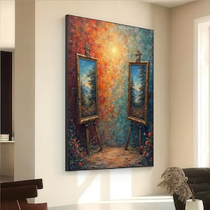 Może przedstawiać: Duży oprawiony obraz przedstawiający dwa oprawione obrazy krajobrazowe na sztalugach. Tło to kolorowa mieszanka odcieni pomarańczowego, czerwonego i niebieskiego. Obrazy krajobrazowe przedstawiają góry i drzewa. Obraz otoczony jest czarną ramą.