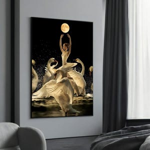 Elegant Ballet Dancer and Swan Art Print, Moonlit Dance Canvas, Ballet Wall Art, Swan Lake Décor, Black and White Wall Art