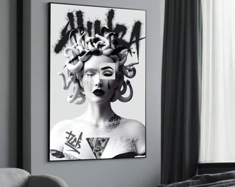 Graffiti Medusa Canvas Painting Gift – Bold Black and White Urban Art for Modern and Edgy Home Decor