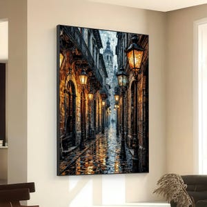 Lienzo con escena callejera romántica de Europa antigua, arte mural con farola vintage, lienzo con callejón adoquinado bajo la lluvia, decoración de paisaje urbano histórico