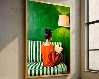Cozy Reading Moment Canvas, Woman Reading Book Art, Green Interior Wall Art, Modern Home Decor, Relaxing Living Room Canvas