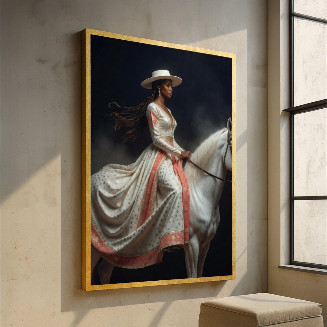 Elegant Woman in Traditional Dress Riding White Horse, Vintage Style ...