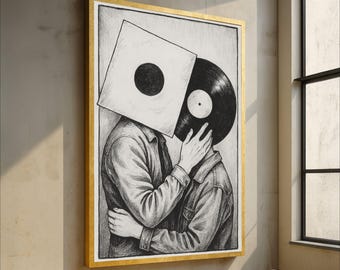 Vintage Vinyl Record Lovers Canvas, Music Themed Wall Art, Black and White Retro Illustration, Home Decor Canvas, Unique Music Room Art