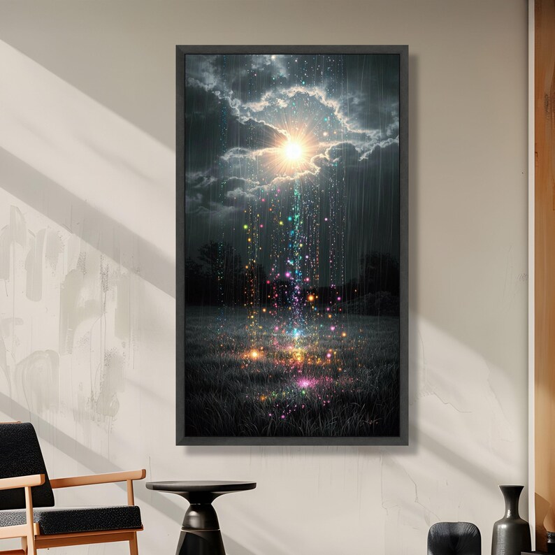 Mystical Light Shower Canvas, Fantasy Night Sky Wall Art, Magical Glow Rain, Enchanted Landscape Canvas, Dreamy Outdoor Decoration image 3