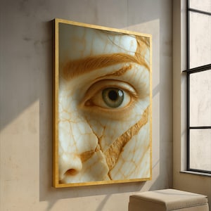 Gebrochenes Porzellan Gesicht Nahaufnahme Leinwand, Realistische Augen Detail Wandkunst, Keramik Skulptur Druck, Einzigartige Wohnkultur Leinwand