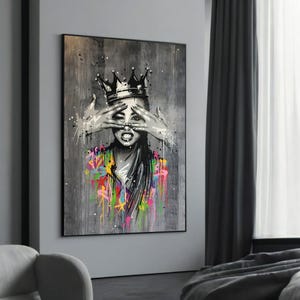Peinture sur toile reine des graffitis moderne avec couronne - Art de rue dynamique pour une décoration intérieure de style urbain, cadeau idéal pour les amateurs d&#39;art