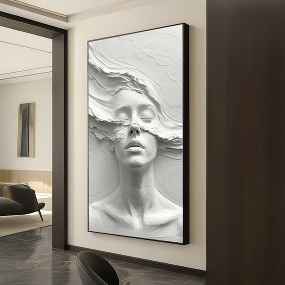 Abstract Woman Face Sculpture Canvas, Effect Wall Art, Modern White Home Decor, Artistic Portrait Canvas, Ready to Hang Design