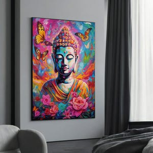 Vibrant Buddha with Butterflies Canvas Art - Colorful Zen Wall Decor, Spiritual Meditation Artwork, Boho Home Decor, Ready to Hang