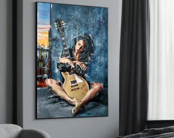 Lienzo de arte de guitarrista contemplativo, decoración de pared de músico femenino, impresión musical emocional, pintura de expresión artística, decoración moderna del hogar