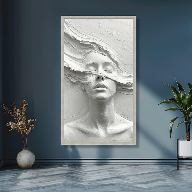 Abstract Woman Face Sculpture Canvas, Effect Wall Art, Modern White Home Decor, Artistic Portrait Canvas, Ready to Hang Design image 4