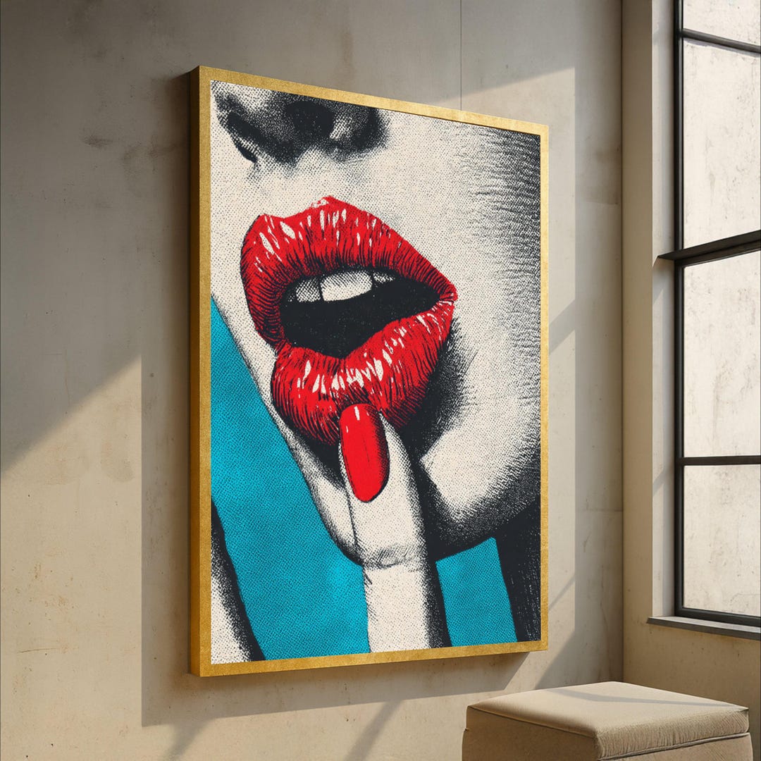 Bold Red Lips Canvas Wall Art, Pop Art Style Portrait, Glossy Lipstick ...