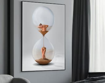 Surreal Woman in Hourglass - Time-Themed Fantasy Art, Minimalist Wall Decor, Unique Canvas Painting, Perfect Gift for Art Enthusiasts