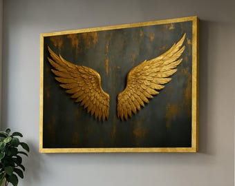 Golden Angel Wings Canvas Wall Art, Metallic Feather Design, Contemporary Home Decor, Inspirational Wall Art, Ready to Hang Decoration