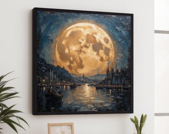 魅惑的な満月の港の風景、夜の街並みのキャンバス、ファンタジーな月光の反射の壁アート、ロマンチックなウォーターフロントのキャンバス装飾、