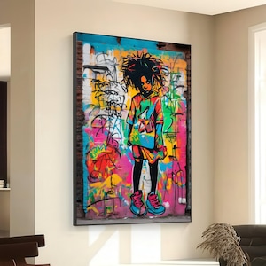 Vibrant Urban Street Art Canvas, Colorful Graffiti Kid Portrait, Bold Wall Art for Home, Modern Pop Art Decoration, Ready to Hang Canvas