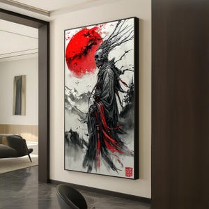 Impresión artística de calavera samurái cibernética: lienzo de guerrero de la luna roja, decoración de pared de fantasía oscura japonesa, póster de guerrero futurista