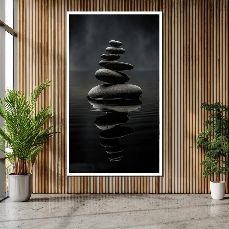 Dark Zen Stones Wall Art - Minimalist Black and Grey Balance Rocks ...