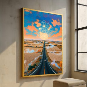 Könnte beinhalten: Abstrakte Landschaftsmalerei mit goldenem Rahmen, die eine Straße zeigt, die sich unter einem farbenfrohen Himmel in die Ferne erstreckt. Das Kunstwerk hat ein geometrisches Design im Himmel. Die Farbpalette umfasst Blau-, Orange- und Brauntöne.