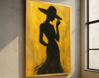 Toile élégante silhouette de femme avec chapeau, impression d'art tendance, art mural noir et or, décoration d'intérieur moderne, toile élégante silhouette féminine