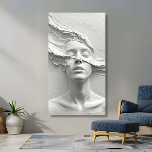 Abstract Woman Face Sculpture Canvas, Effect Wall Art, Modern White Home Decor, Artistic Portrait Canvas, Ready to Hang Design image 6