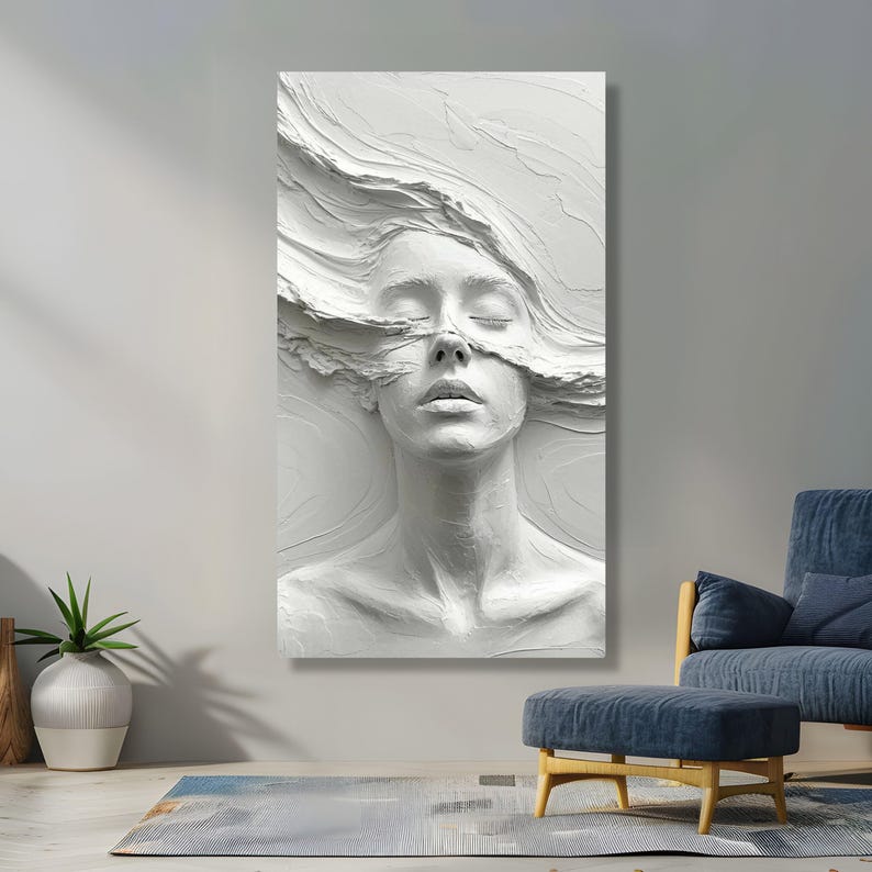Abstract Woman Face Sculpture Canvas, Effect Wall Art, Modern White Home Decor, Artistic Portrait Canvas, Ready to Hang Design image 6